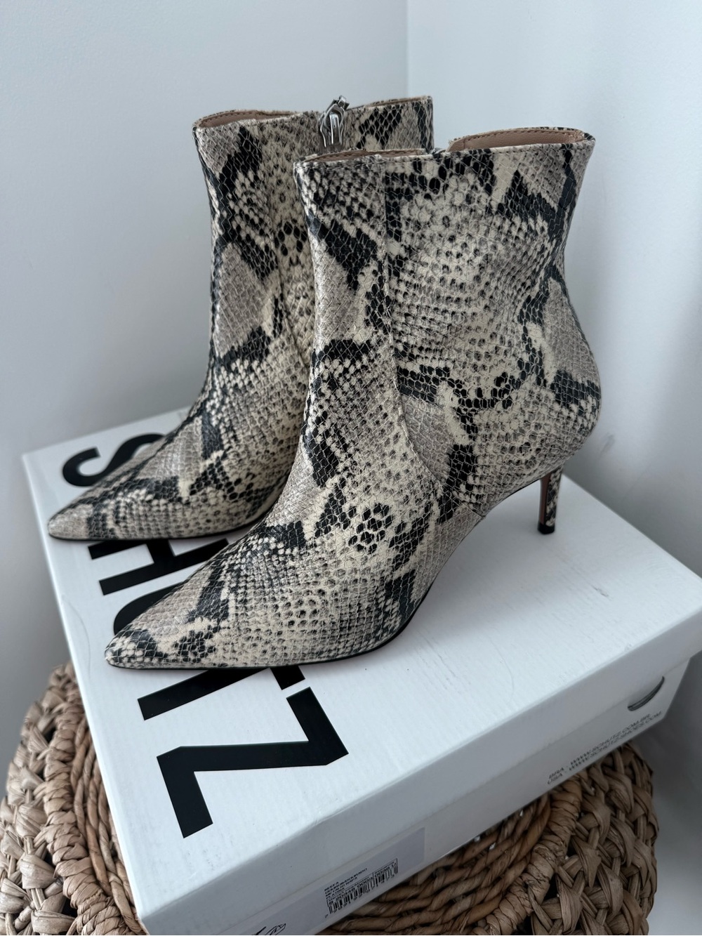 Schultz Snake-Print Pointed Toe Ankle Boots in Black and Cream